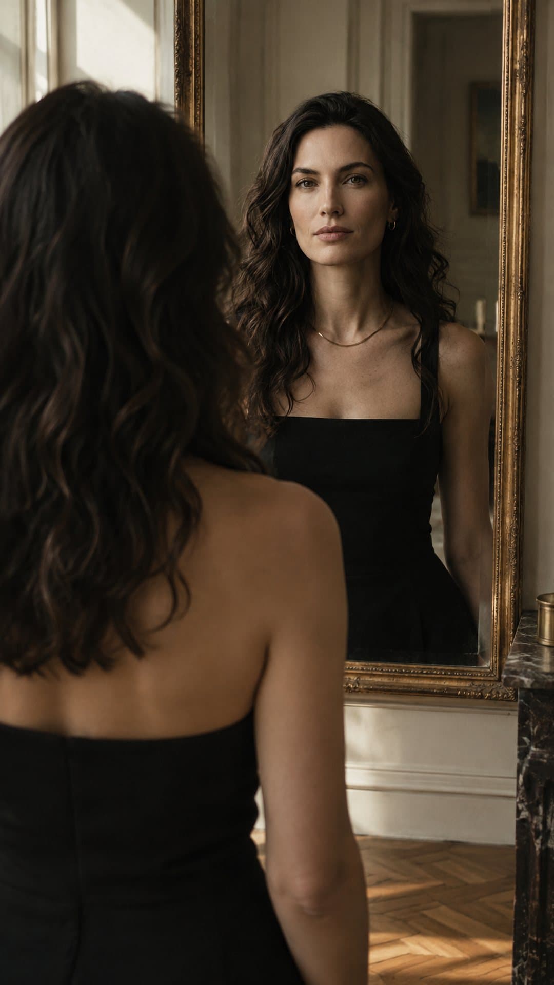 Une femme face à son reflet dans un miroir ancien